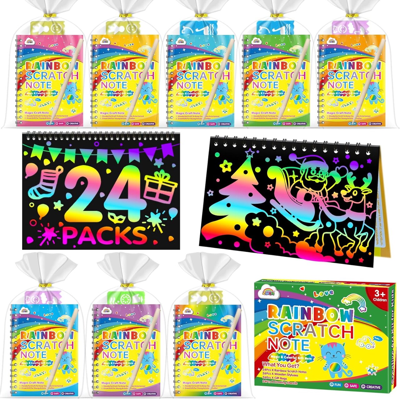 Rainbow Scratch Art Party Favors for Kids – 24-Pack Scratch Notebooks with Styluses, Stencils & Gift Bags, Perfect Classroom Birthday Gifts, Goodie Bag Stuffers & School Prizes (24 Pack Party)